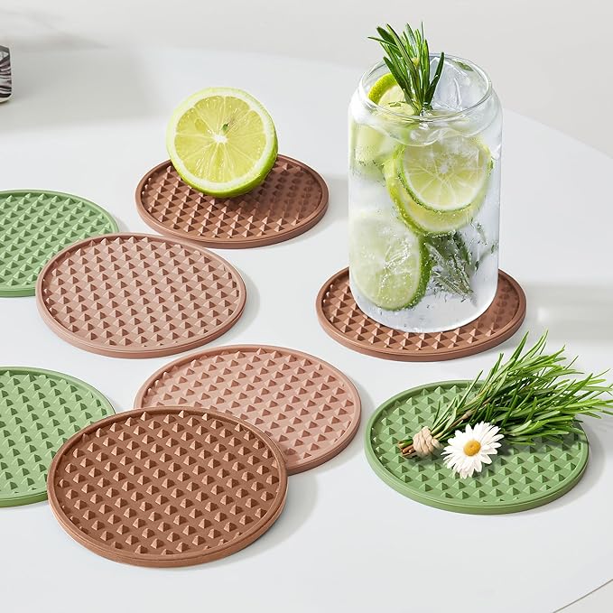 Coasters for Drinks, Silicone Coasters Set of 6 with Metal Holder, Outdoor Coaster for Coffee Table, Non-Slip Rubber Table Cup Mat Desk, Heat Resistant & Scratch-Proof (Dusty Pink)