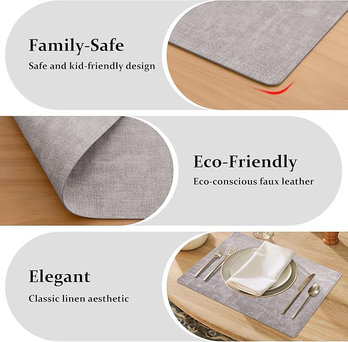 FROMHEART Faux Leather Placemats Set of 12–Waterproof,Heat/Oil Stain-Resistant PU Table Mat–Reversible,Non-Slip,Easy to Clean Place Mats for Kitchen,Dining,Indoor/Outdoor,(Light Grey,11.8" x 17")