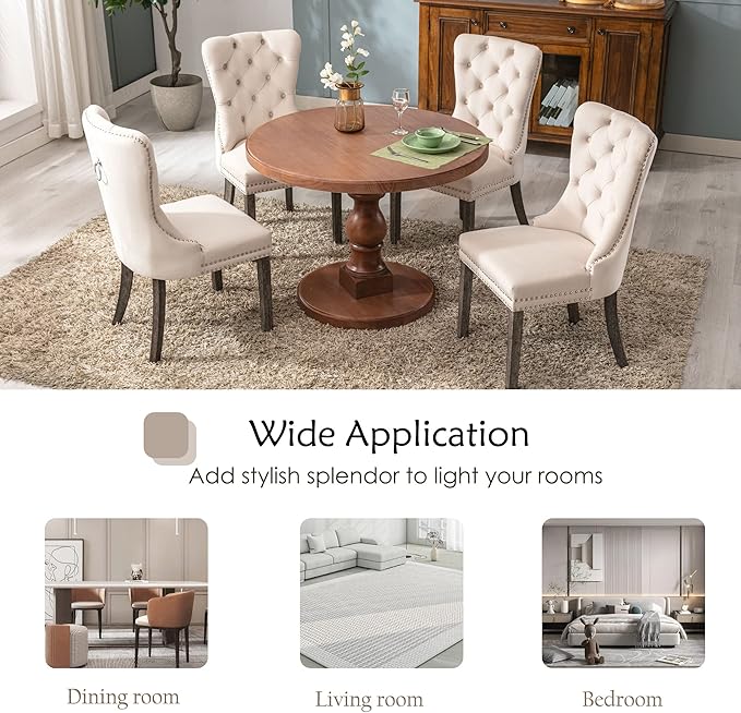 KCC Velvet Dining Chairs Set of 4, Upholstered High-end Tufted Dining Room Chair with Nailhead Back Ring Pull Trim Solid Wood Legs, Nikki Collection Modern Style for Kitchen, Beige