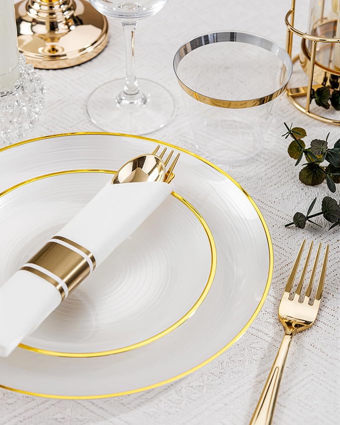 Morejoy 100Pcs Pearl White Plastic Plates,White Disposable Plates With Gold Rim,Heavy-duty Gold Plates, Modern swirl design Plate Include 50Clear Dessert-Platos,50Dinner-Platos for Party&Christmas