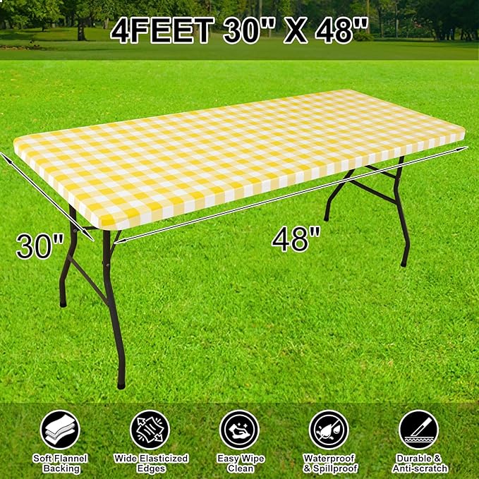 Smiry Rectangle Picnic Table Cloth, Elastic Waterproof Fitted Vinyl Tablecloths, Flannel Backed Buffalo Plaid Table Covers for Dining, Camping, Outdoor (White and Yellow, 30" x 48")