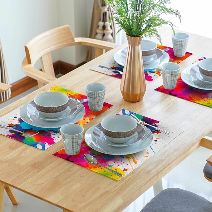 Colorful Placemats Set of 4 - Art Place Mats 12x18 Inch Rainbow Paint Splashing Artist Dining Table Place Mats for Home Party Dining