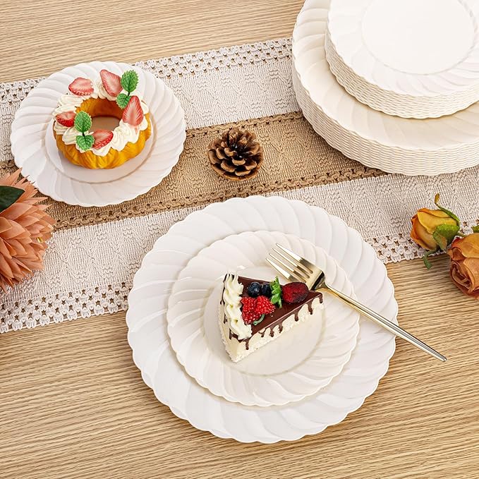 U-QE 60 Pcs Ivory Plastic Plates for Party – Scalloped Plastic Plates Heavy Duty & Elegant – Include 30 10.25" Dinner & 30 7.25" Dessert Plates - Perfect for Party & Wedding
