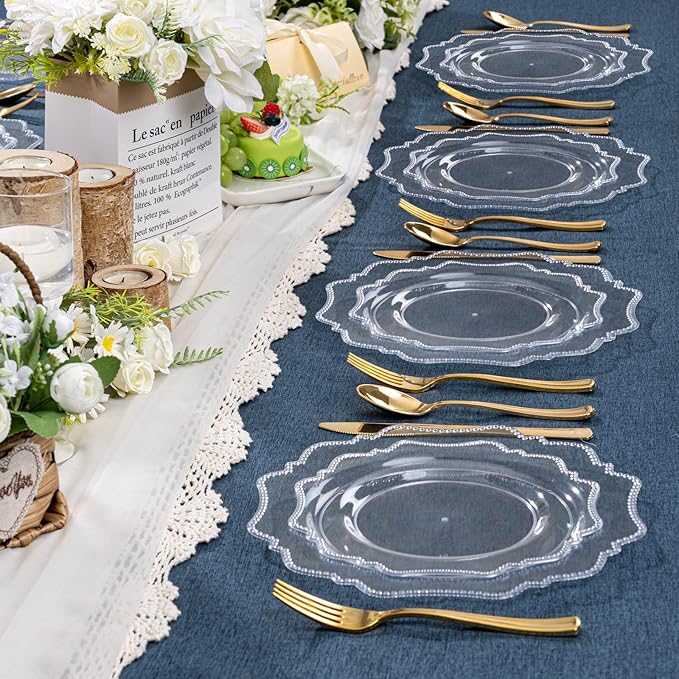 COLOSUS 100pcs 9.5 Inch Clear Plastic Plates,Heavy Duty Disposable Dinner Plates,Fancy clear Plates,Premium Plastic Dinner Plates for Party,Thanksgiving and Everyday Use