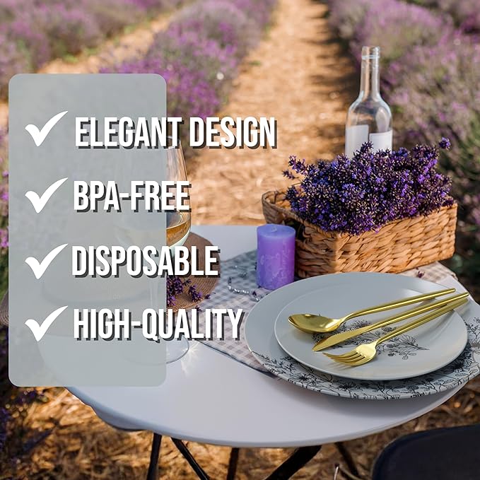 Trendables Fancy Plastic Dinnerware Sets 100 Pc 20 Guests Gold Silverware Disposable 20 X 10 Inch Charger Plates 20 X 8 Inch Dessert Plates 20 x Gold Plastic Forks and Spoons Knives In Dandelion Bloom