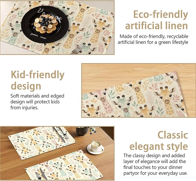 Placemats Set of 6 Watercolor Giraffe Place Mats Washable Kitchen Dining Cute Animals Linen Table Mats Stain Heat, for Home Party Indoor 12x18 in