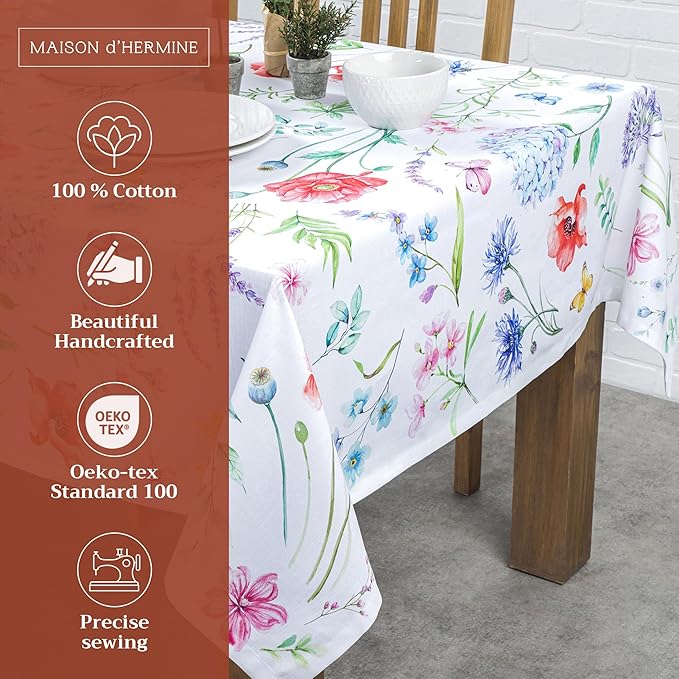 Maison d' Hermine Table Cloth Rectangle Table 100% Cotton 54 x 72 Inches Tablecloth Reusable Decorative for Dining Room Farmhouse Home Valentines Day Decorations Spring Summer - Just Floral
