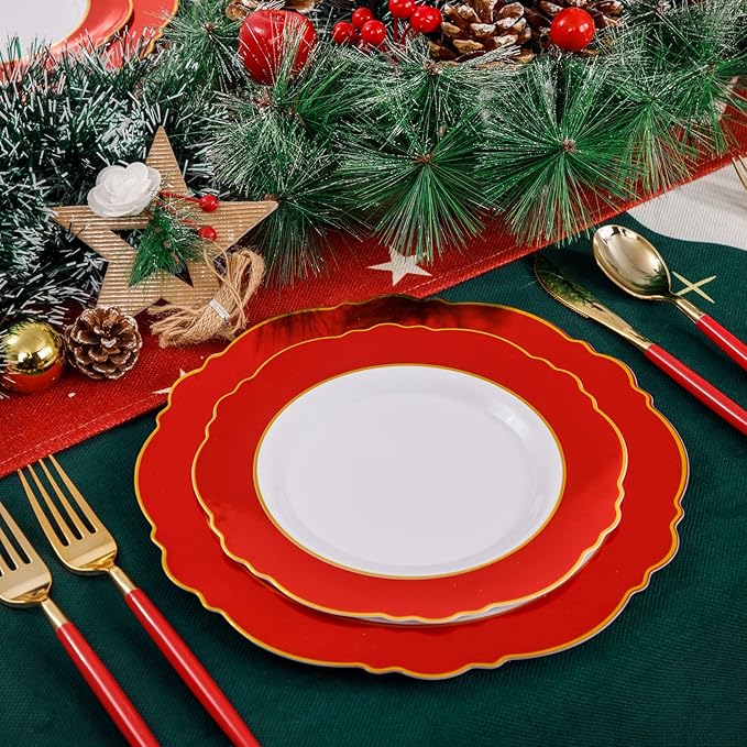 WDF 30Guest Red Plastic Plates - Gold Plastic Silverware With Red Handle - Red Plates Disposable- Baroque Plastic Dinnerware for Party Valentine's Day