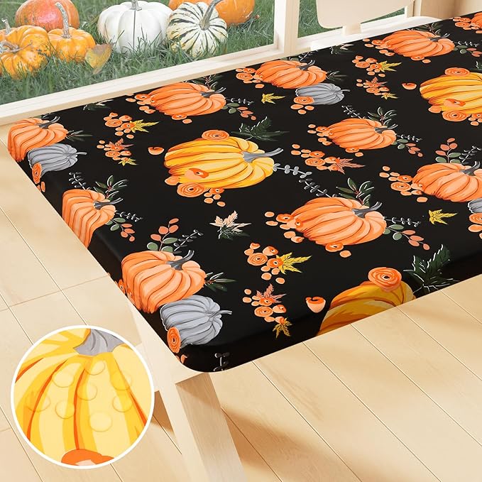 Smiry Plastic Thanksgiving Tablecloth, Pumpkin Waterproof Elastic Fitted Table Covers for 6 Foot Tables, Wipeable Flannel Backed Vinyl Tablecloths for Autumn Harvest, Parties (Black, 30x72 Inches)