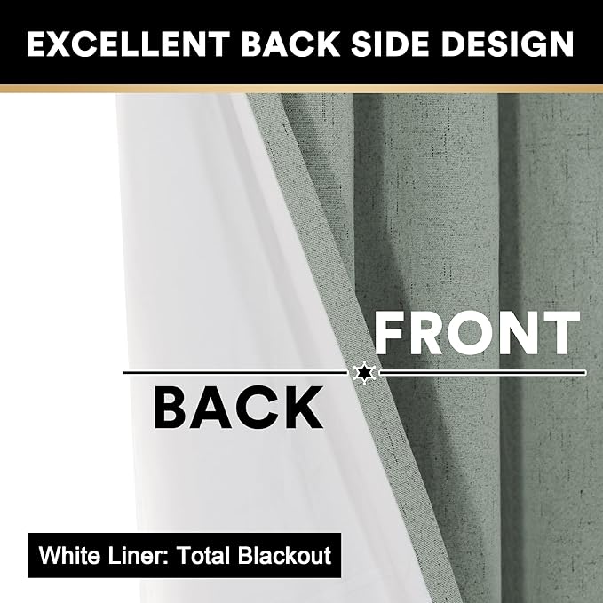 PrinceDeco Blackout Curtains for Bedroom 96 Inches Long Linen Look Curtains for Living Room Black Out Curtains Room Darkening Thermal Curtains with White Liner Backing for Nursery Decor,Green Bay