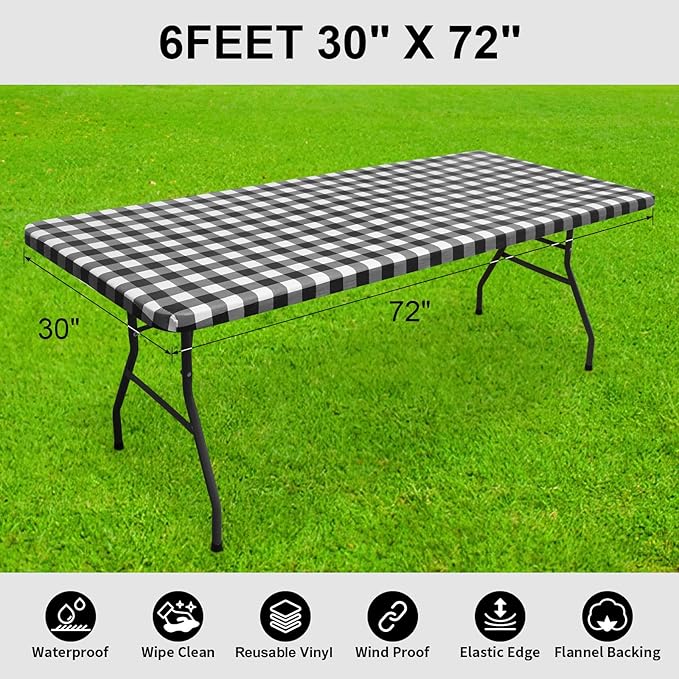 Smiry Rectangle Picnic Table Cloth, Elastic Waterproof Fitted Vinyl Tablecloths, Flannel Backed Buffalo Plaid Table Covers for Dining, Camping, Outdoor (Black and White, 30" x 72")