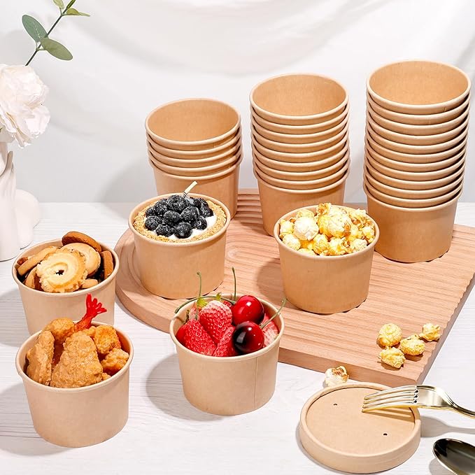 DI QIU REN 8oz Paper Soup Container Cup with Vented Lids, Disposable Paper Food Container Kraft Dessert Bowl Soup Bowls, Microwavable and Freezer Safe for Hot Soup, Ice Cream (50 Pcs - Kraft, 8 oz)