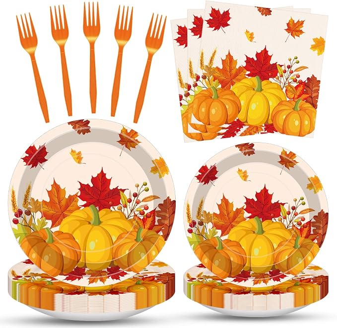 100 Pcs Fall Pumpkin Maple Tableware Party Supplies Set, Serves 25 – Disposable by Merriva
