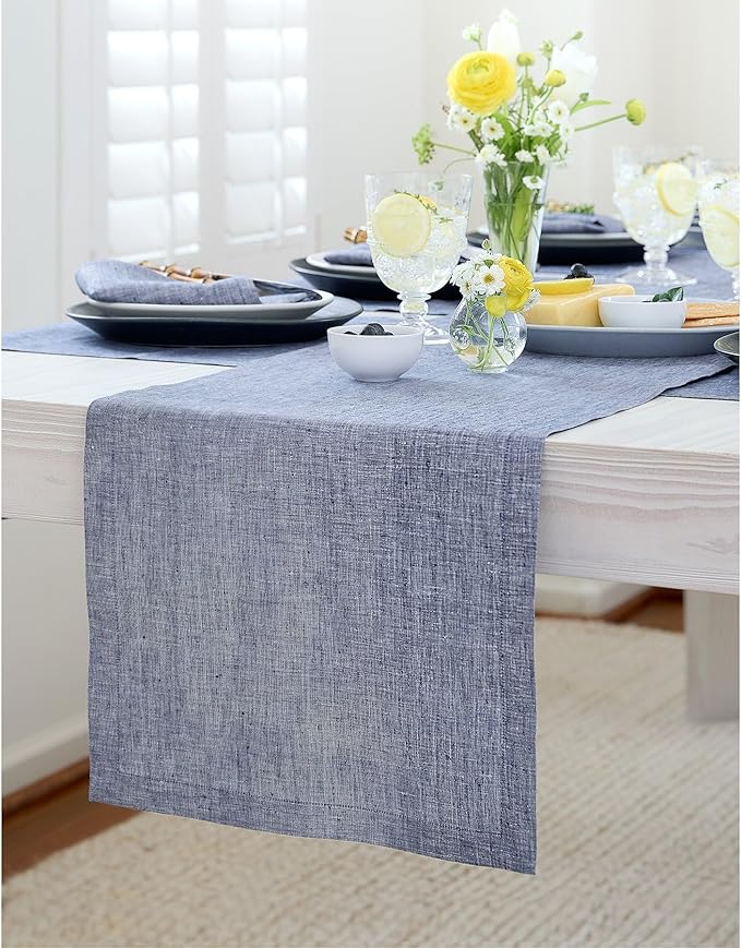 Solino Home Linen Short Table Runner 60 Inches - Athena, 100% Pure Linen Chambray Indigo Table Runner 14 x 60 Inch Ideal for Dresser and Coffee Tables - Winter, Spring, Easter