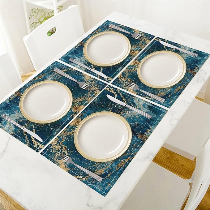 Marble Linen Placemats Set of 4 Modern Abstract Foil Stone Texture Royal Blue Gold Marble Washable Place Mats, Non Slip Placemat for Home Party Dining Tables Wedding Kitchen Banquets Decor 12x17 Inch