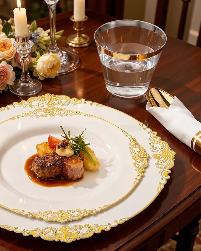 Nervure 175PCS Ivory Plastic Plates - Ivory Gold Plastic Dinnerware Sets for 25 Guests - 50 Ivory Disposable Plates, 25 Pre Rolled Cutlery Set, 25 Cups Perfect for Wedding, Party
