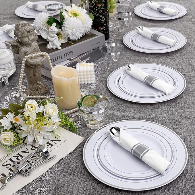 WELLIFE 350-Piece Silver Plastic Dinnerware Set - Image 6