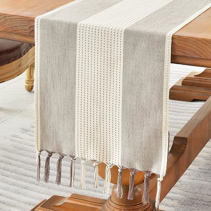 Wracra Linen Table Runner, Stripe Table Runners 108 Inches Long Coffee | by Wracra