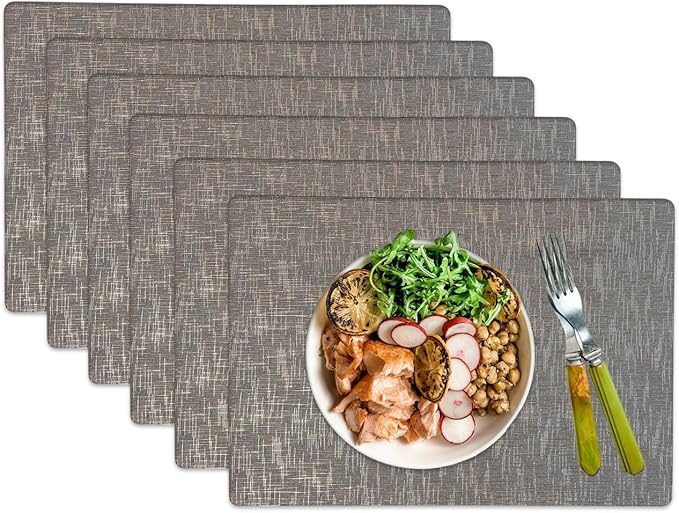 Faux Leather Placemats, Dual‑Sided Non‑Slip Vinyl Placemats, Washable Table Mats, Wipeable Metallic Dining Mats for Kitchen and Dining (Silver, Set of 6)