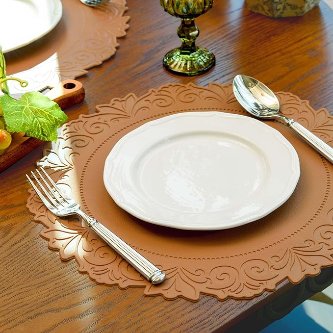Noctiflorous Round Faux Leather 15 Inch Placemats Set of 6 Waterproof Wipeable Heat Resistant Tablemat for Dining Table Kitchen Non Slip Washable Oilproof Table Place Mat(Umber Brown, 6)