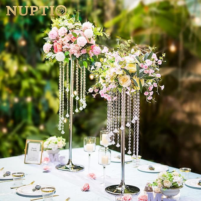 Nuptio Wedding Centerpieces Silver Vases: 10 Pcs 35.4in Tall Crystal Flower Vase Metal Flowers Stand for Party Tables Decorations - Elegant Bulk Weddings Decoration Table Chandelier Centerpiece stands