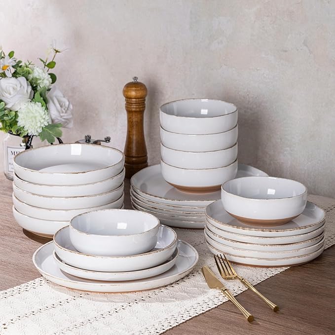 AmorArc Ceramic Dinnerware Sets with Pasta Bowls for 4, Handpainted Plates and Bowls Set with Rustic Terracotta Underside, Scratch Resistant Dishes Set, Dishwasher & Microwave Safe, 16 Pcs-White