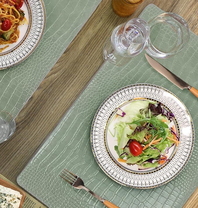 Jovono Faux Leather Placemats Set of 4, Waterproof Heat Resistant Dinner Place Mats for Dining Table, Non-Slip Crocodile Embossed, Green (17.8x11.8 Inch)