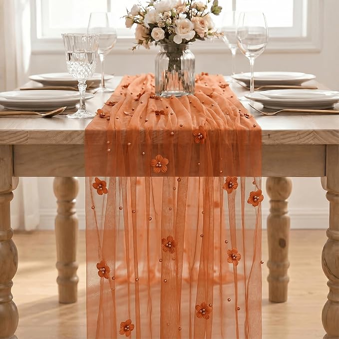 Artoid Mode Caramel Flower Pearl Pink Gauze Table Runner 10FT 3PC, Seasonal - Image 2