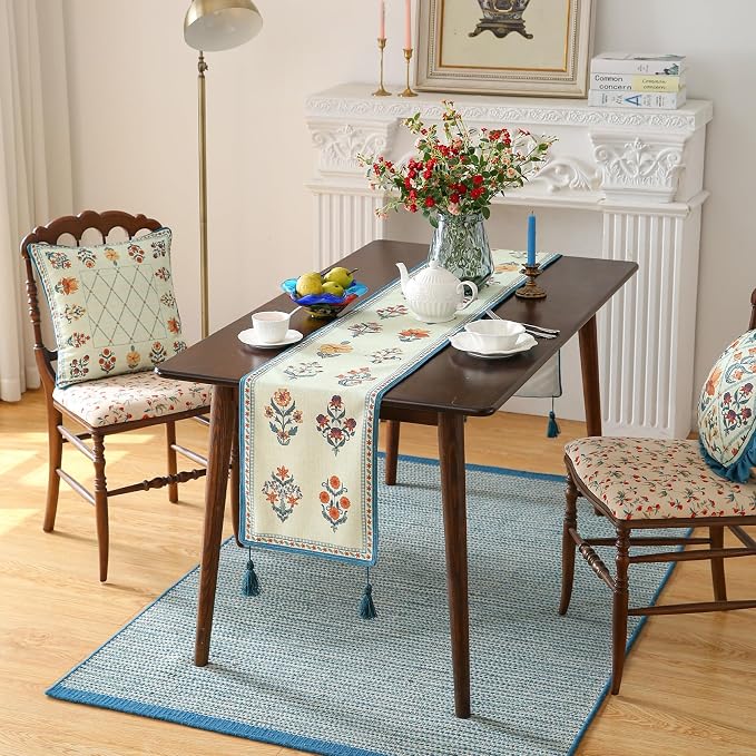 Designer French Linen Extra Long Table Runner, Floral Pattern, Dining Table - Image 7