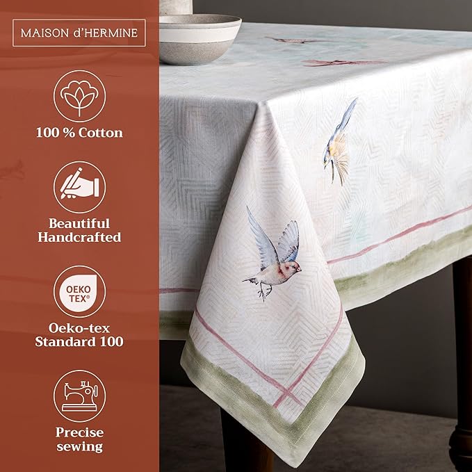 Maison d' Hermine Table Cloth Rectangle Table 100% Cotton 70 x 120 Inches Tablecloth Reusable Decorative for Dining Room Farmhouse Home Valentines Day Decorations Spring Summer - Flying Birds