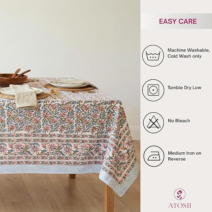 ATOSII Kalina 100% Cotton Square Tablecloth, Handblock Floral Print Linen Table Cloth for Kitchen I Dining Table I Tabletop I Parties I Wedding I Spring/Summer (60 X 60 Inches)