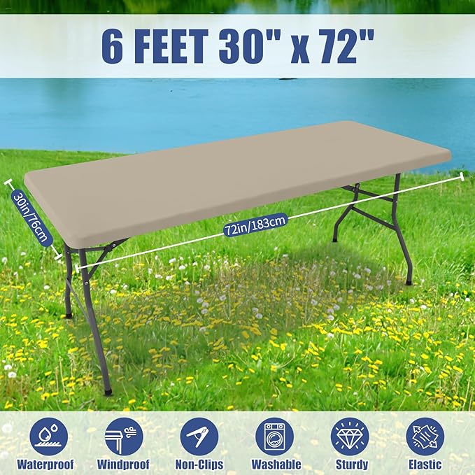 Spandex 6 Foot Rectangle Table Cloth 2 Pack, Elastic Fitted Tablecloths for Picnic, Stretch Washable Patio Table Cover for Outdoor, Camping, Banquet and Parties (Taupe, 30"x72")