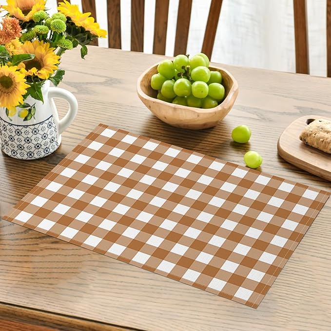 AOFOTO Brown Plaid Placemats Set of 4 for Dining Table Brown and White Checkered Place Mats Washable Rectangular Stripes Table Mats for Party Home Kitchen Restaurant Decor 12x18 Inch