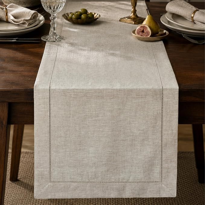 100% Pure French Linen Table Runner 90 Inches Long, Natural Hemstitch Tablecloth by KINGSTONE