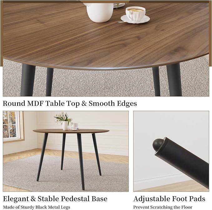 43.3 Inch Round Dining Table Set for 4, Modern Small Kitchen Coffee Set for Dining Room Kitchen Apartment (Walnut Table+4 U-Shaped White Chairs)