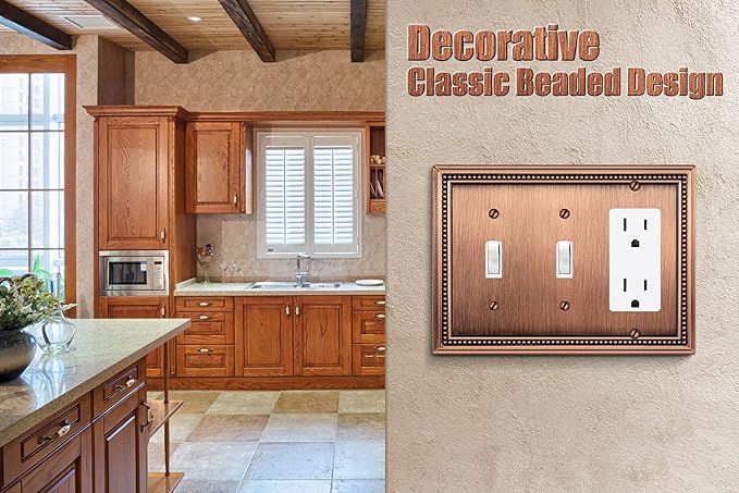 Henne Bery Sunken Pearls Heavy Duty Decorative Wall Plate Switch Plate Outlet Cover (Double Toggle/Single Decorator, Antique Copper)