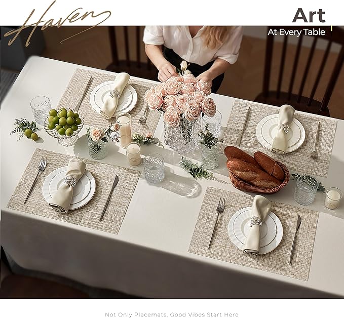 Leetaltree Luxury Beige and Gold Woven Placemats Set of 4 - Waterproof Washable Textured Table Mats for Wedding, Anniversary, Daily Use - Sparkling Metallic Thread Table Decor - Hand-Cut