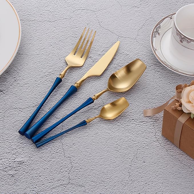 Blue Gold 16 Piece Matte Silverware Set Durable 18/8 Stainless Steel Flatware Cutlery Set for 4 Utensil Sets Home Kitchen Hotel Restaurant Dishwasher Safe Luxury-Tableware