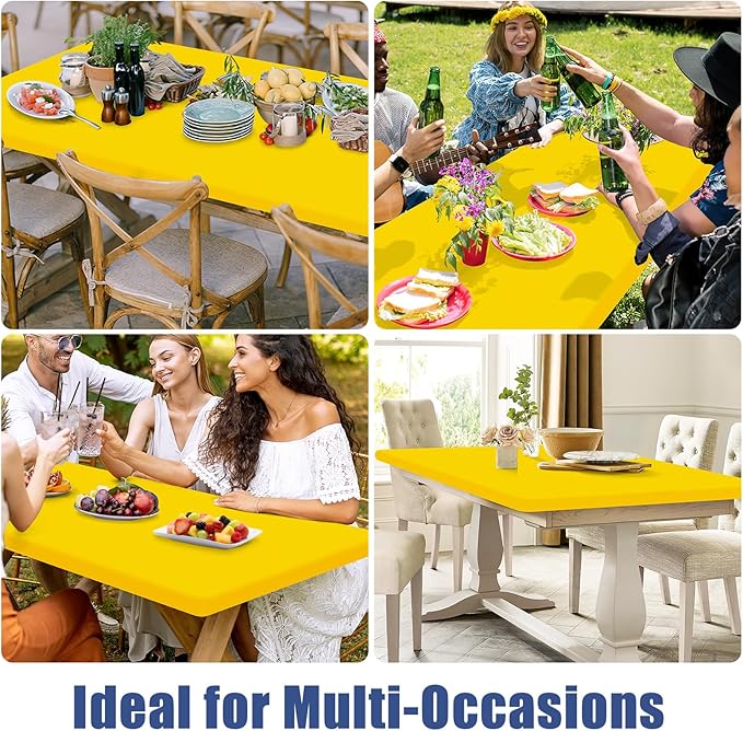 Spandex 6 Foot Rectangle Table Cloth 2 Pack, Elastic Fitted Tablecloths for Picnic, Stretch Washable Patio Table Cover for Outdoor, Camping, Banquet and Parties (Yellow, 30"x72")