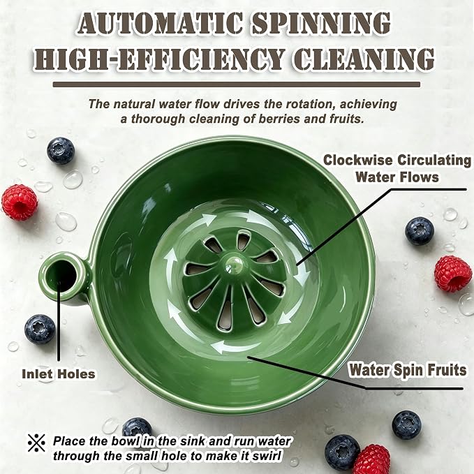 Ceramic Berry Washing Bowl Automatic Self-Spinning Fruit Vegetable Washer - Image 3