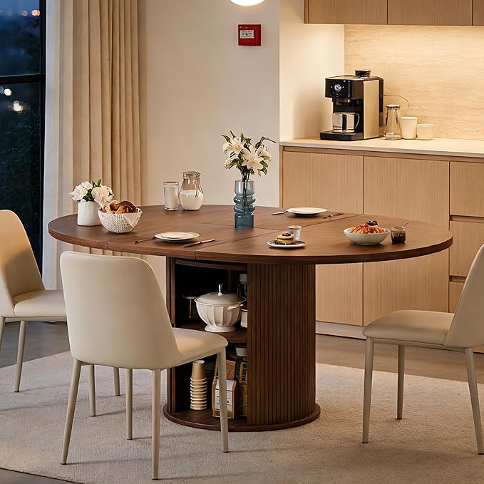 Extendable Round/Oval Dining Table Seats 2-4-6, 59" Modern Farmhouse Design with 2-Tier Storage & Fluted Slide Door, Dining Room Kitchen Furniture (Walnut, 59 inches)
