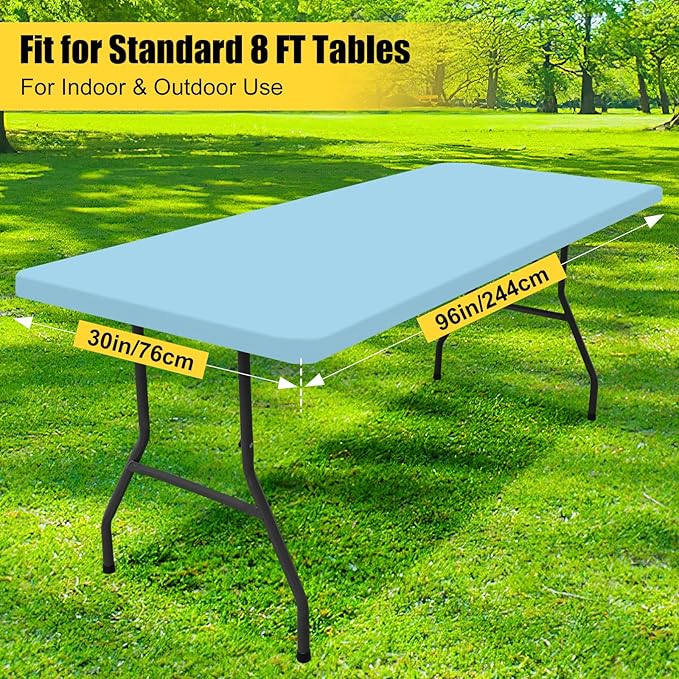 Smiry Rectangle Picnic Table Cloth, Waterproof Elastic Fitted Tablecloths for 8 Foot Tables, Washable Polyester Table Cover for Camping, Indoor and Outdoor (Light Blue, 30"x96")