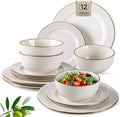GBHOME Ceramic Dinnerware Sets,12 pcs Embossed Elegant Stoneware Plates and Bowls Sets, Housewarming Wedding Gift | Dishwasher & Microwave Safe | Dishes Set Service for 4
