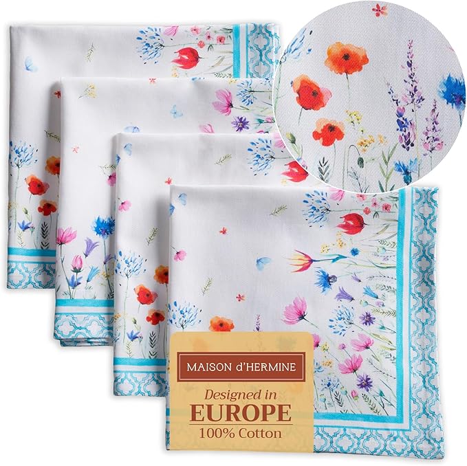 Maison d' Hermine Cloth Napkins Set of 4 100% Cotton Everyday Reusable Square Napkins Cloth Washable Dinner Wedding Restaurant Valentines Day Decorations Spring/Summer (Flower In The Field, 20" x 20")