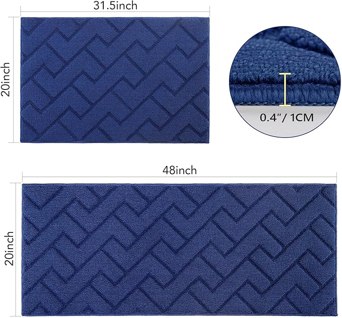 hicorfe Kitchen Rugs and Mats Sets,2 Pieces Super Absorbent Polypropylene Non-Slip Rug,Soft Comfort Floor Mat,Washable for Kitchen,Hallway,Office,Sink,Laundry(20" x 32"+20" x 48",Navy Blue)