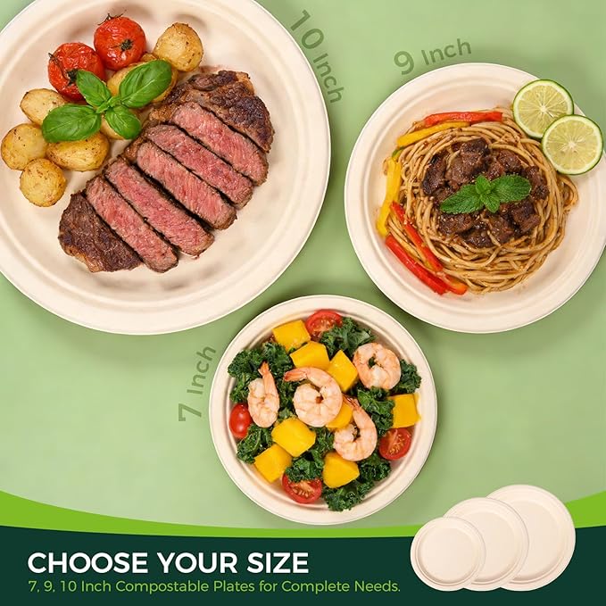 100% Compostable Plates - 125-Count Heavy Duty, Biodegradable Bagasse Plates - Eco Friendly and Sustainable (Natural, 7 inch)