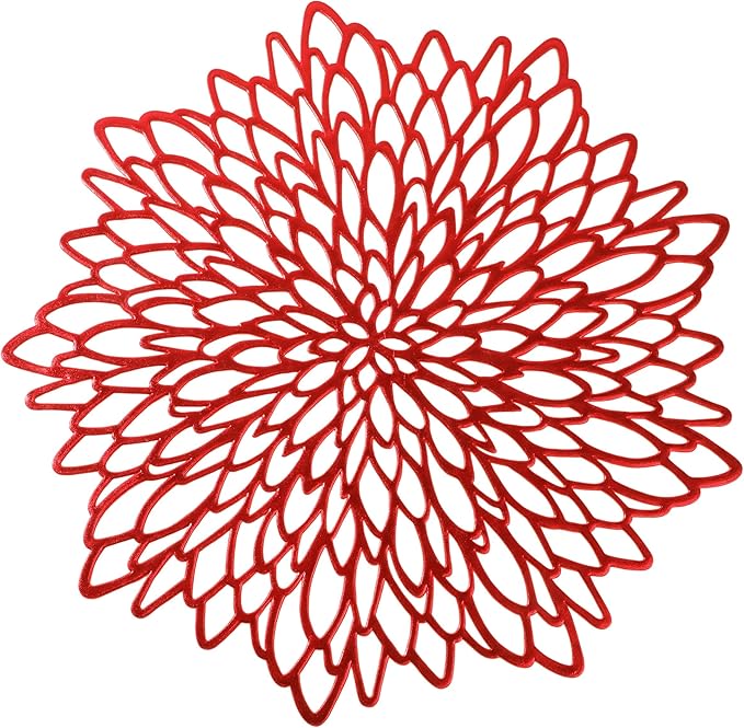 Snowkingdom 12 Pack Red Placemats Metallic Shiny Pressed Vinyl Dining Mats Round Leaf Floral Table Decoration for Halloween Mother's Day Christmas Valentine's Day Weddings Holiday Celebrations