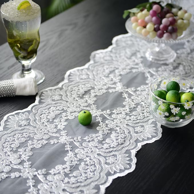 SUTAVIA Lace Patio Table Runner 12"×48" White Embroidered Dresser Scarf | - Image 4