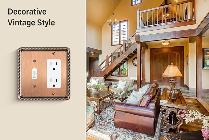 Henne Bery Rope Edge Decorative Wall Plate Switch Plate Outlet Cover (Toggle/Decorator, Antique Copper)