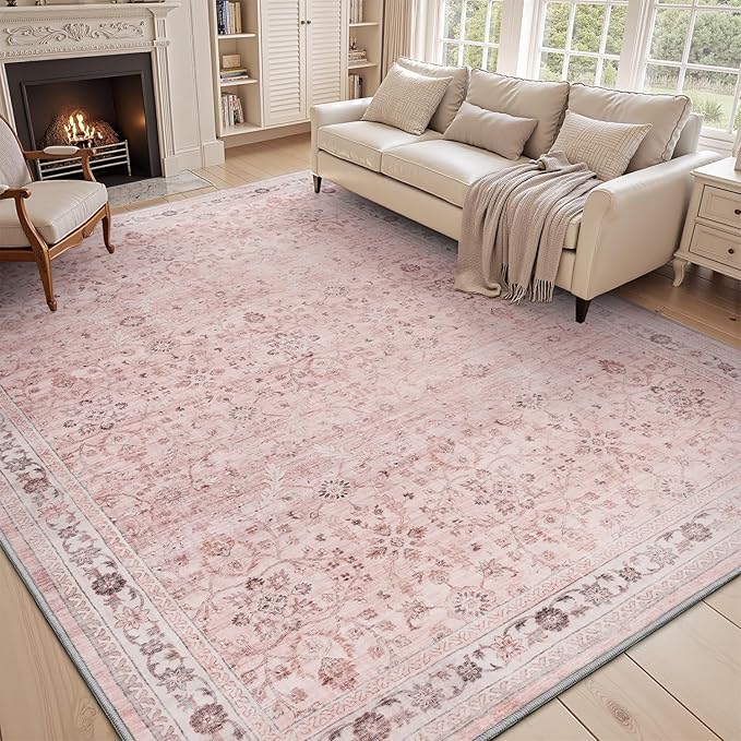 MontVoo-Vintage Area Rug 9X12 Pink Rugs for Living Room-Soft Distressed Printed Rugs for Bedroom-Non Slip Carpet-Machine Washable Rug for Dining Room Living Room Bedside Office